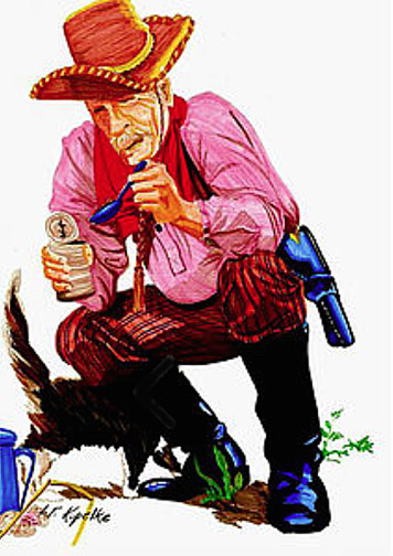 ©Hobie Lynn Kopelke, Open Crown Productions a painting of a cowboy squatting down eating from a can of beans
