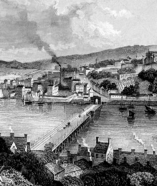 A black and white drawing of an old Irish town with a bridge over a river and smoke in the distance