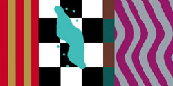 A Pastel Life abstrack painting of red and gold stripes black and white squares with turquise splashes a band of teal and chocolate brown and red and silver wavy lines