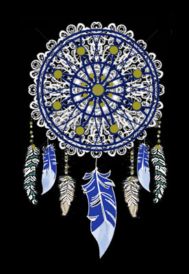 drawing of a dreamcatcher with gold beads and seven multicolored feathers