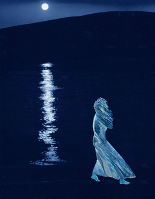 © S.L.Reay photo collage of a moon over hills and light reflecting on water with an inverted and darkened image of a woman walking in the wind