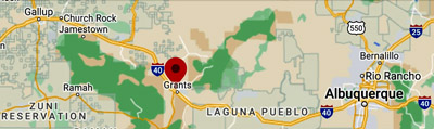 map of I40 in New Mexico. Grants is between Gallup in the west and Albuquerque in the east. Grants is between and north of the Zuni Reservation in the west and the Laguna Pueblo reservation on the east