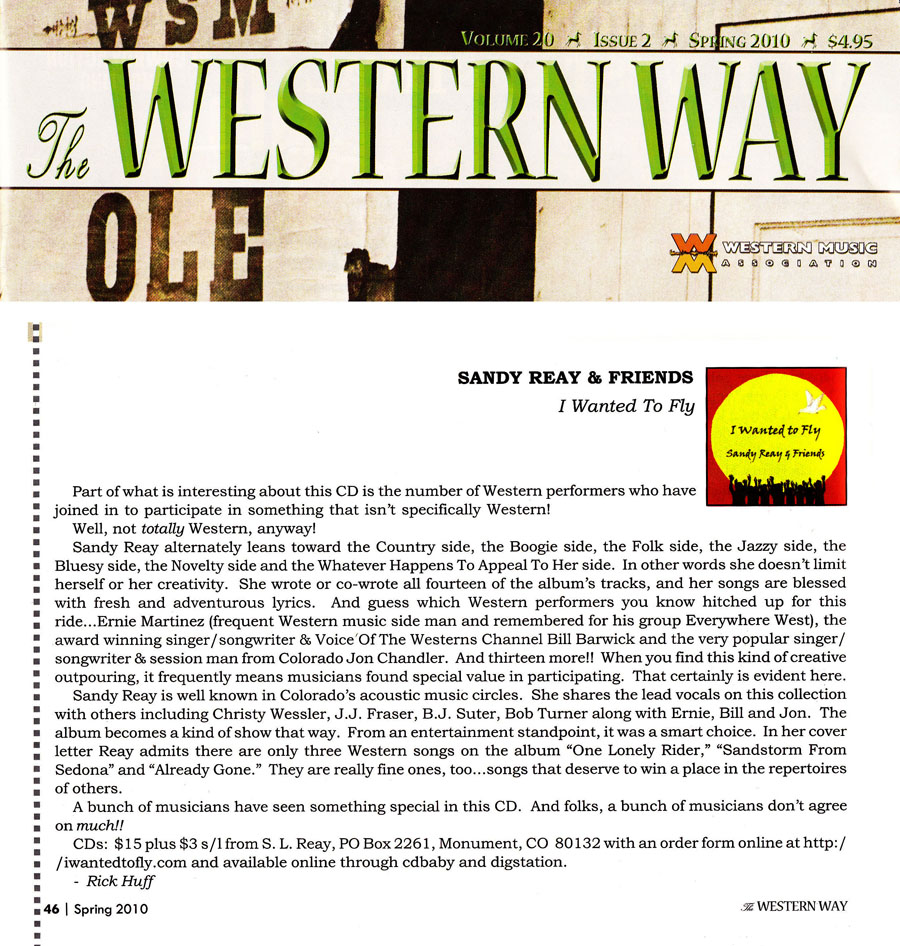 CD Review by Rick Huff in The Western Way, Spring 2010 magazine of the Western Music Association showing the cover of the magazine and the printed CD review with the cover of the CD